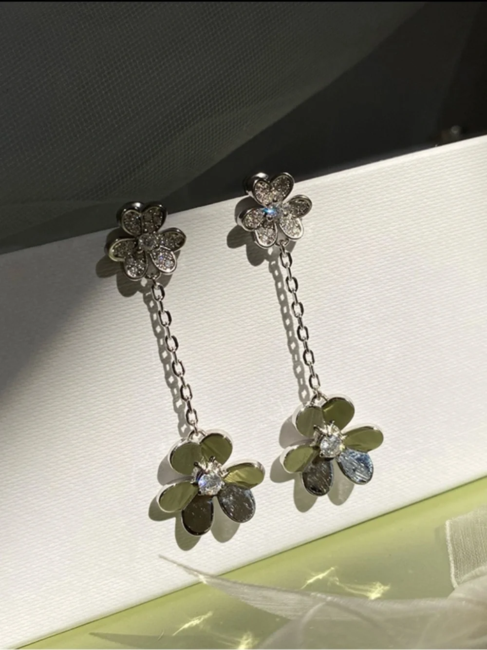 18k White Gold Plated 2 Flowers Simulated Diamond Dangling Earrings